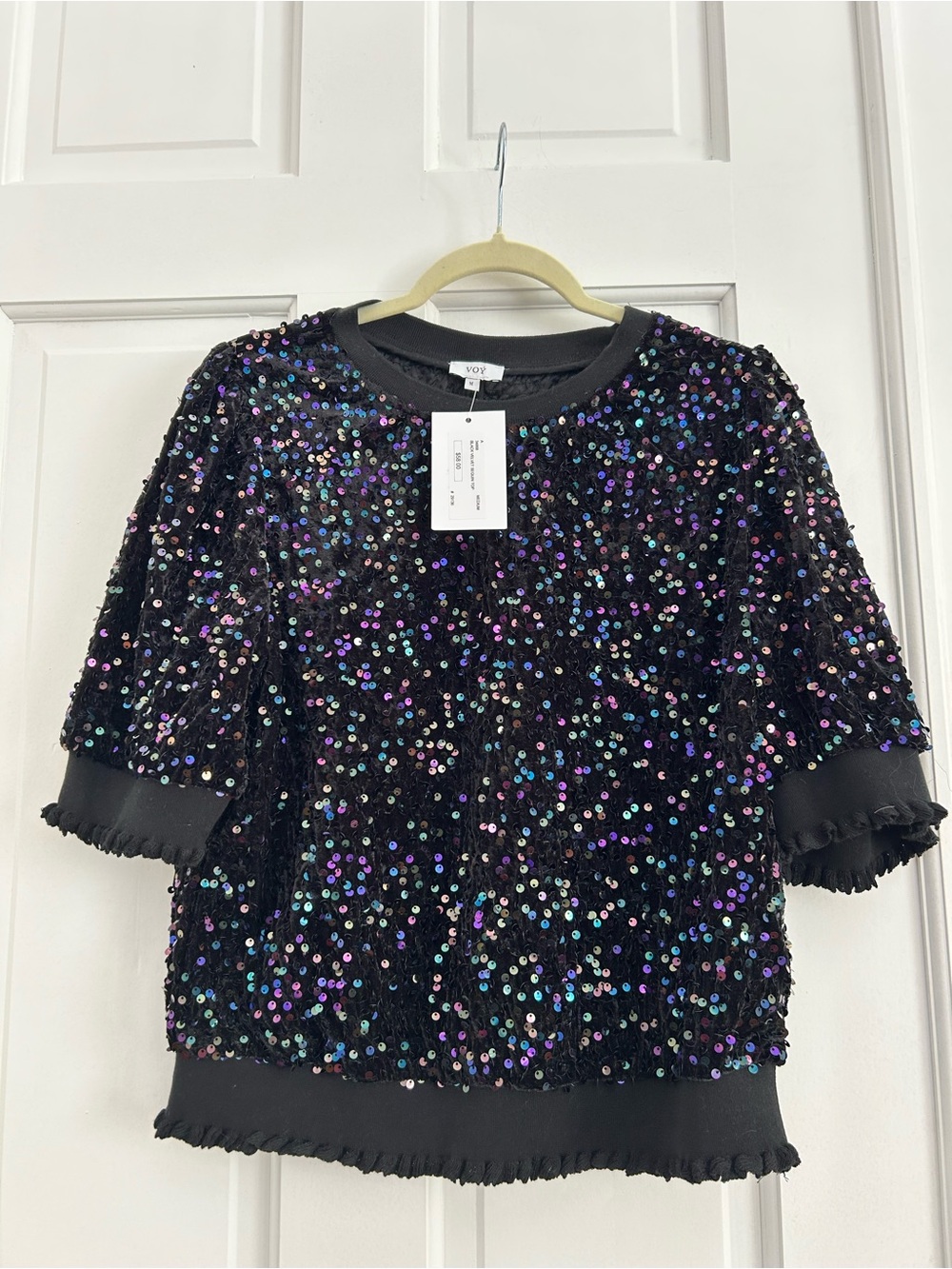 VOY Iridescent Sequin Pullover Top - Black